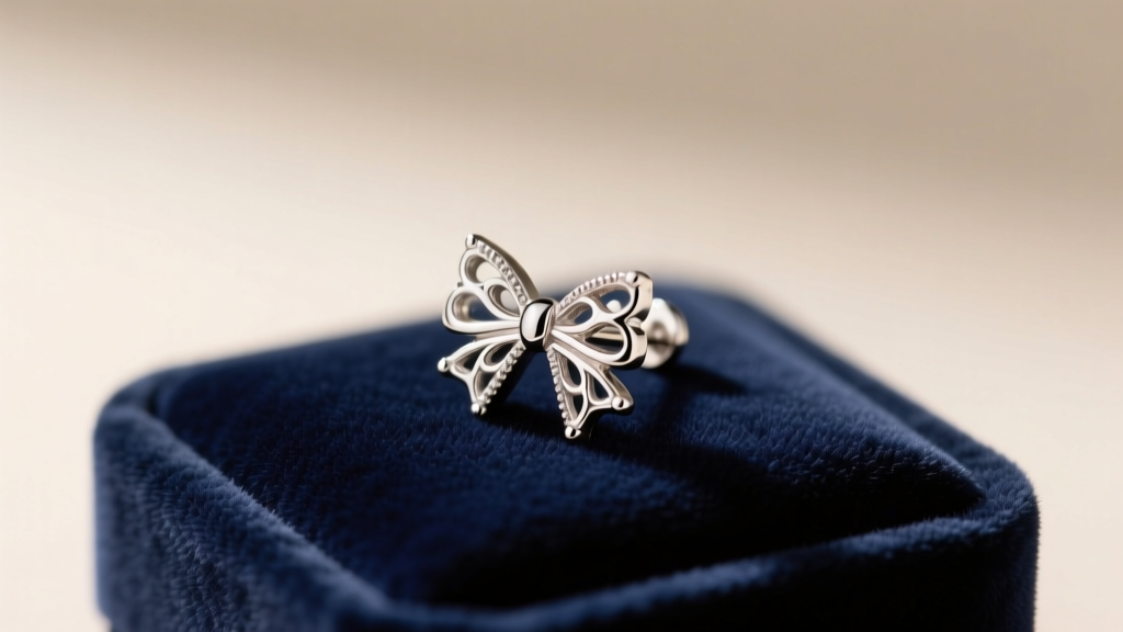 Close-up of a delicate 925 sterling silver bow stud earring on a soft velvet display pad, illuminated by warm studio lighting.