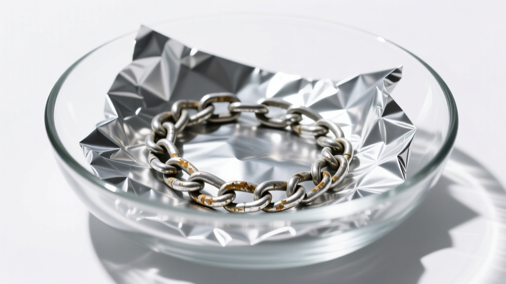 Tarnished 925 silver curb chain resting on crumpled aluminum foil inside a glass bowl under bright studio lighting.