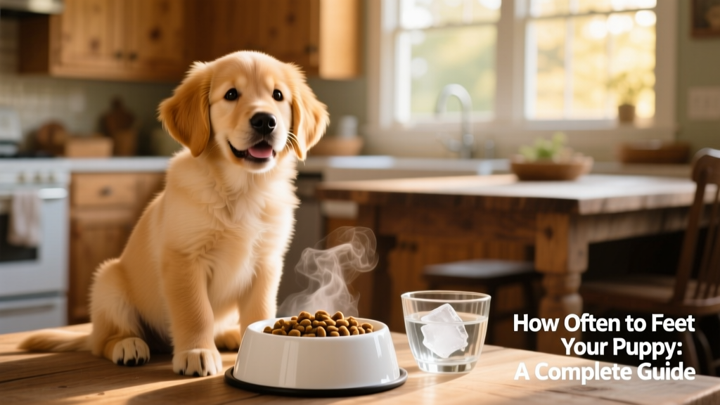 A happy, well-fed puppy sitting beside a clean food bowl with fresh water nearby