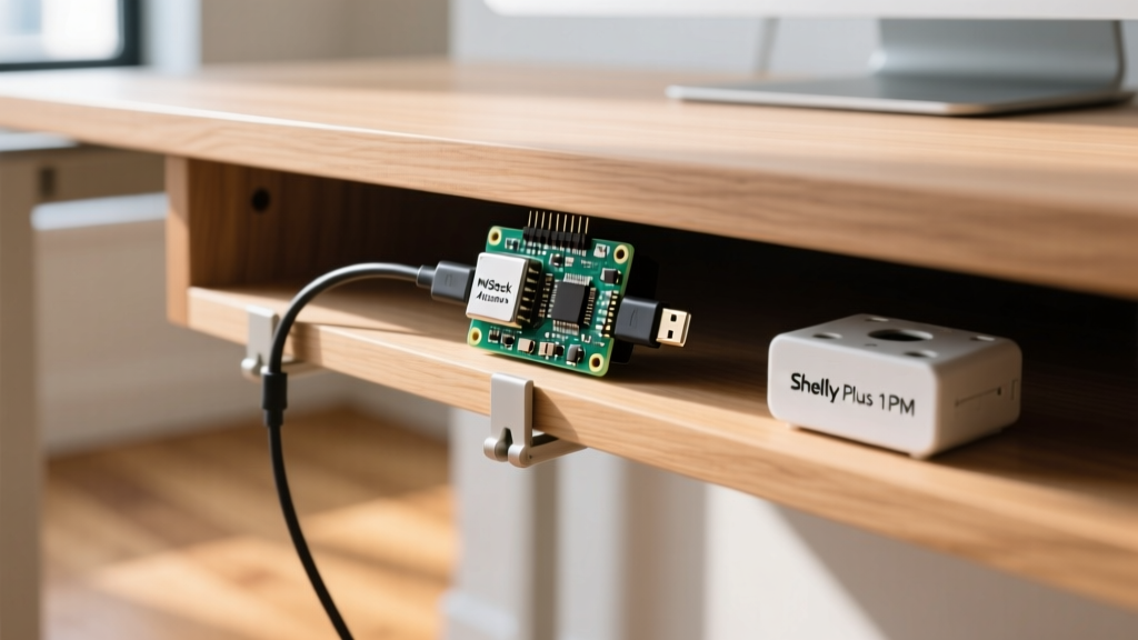 Close-up of M5Stack Atom Echo mounted under wooden desk shelf with USB-C cable routed cleanly alongside a Shelly Plus 1PM relay.