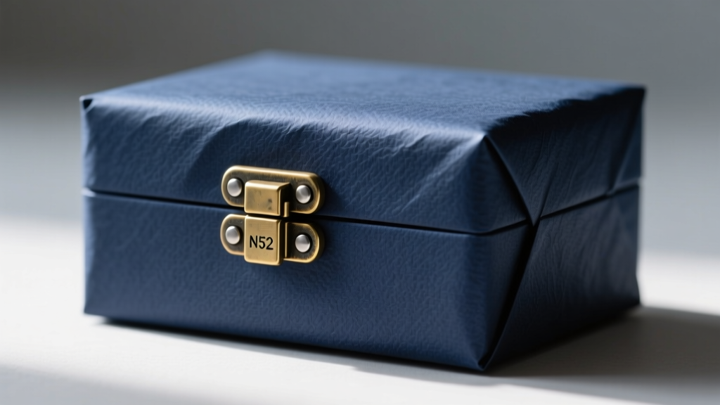 Close-up of brass hidden hinges and N52 neodymium magnets embedded in a thick navy blue paper-wrapped jewelry box edge