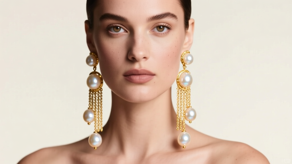 Fashion portrait of a model wearing cascading 18k gold chandelier pearl earrings with South Sea drops under soft studio lighting.