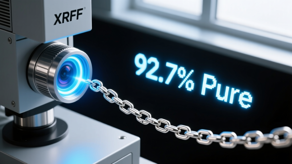 Macro shot of an XRF analyzer scanning a silver chain for metal purity, showing a glowing digital readout in the dark background.