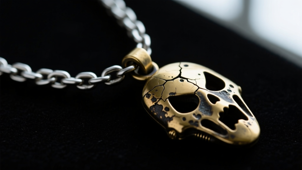 Macro shot of a 1.5mm oxidized silver rolo chain clasp attached to a weathered brass cinematic horror pendant with dark patina.