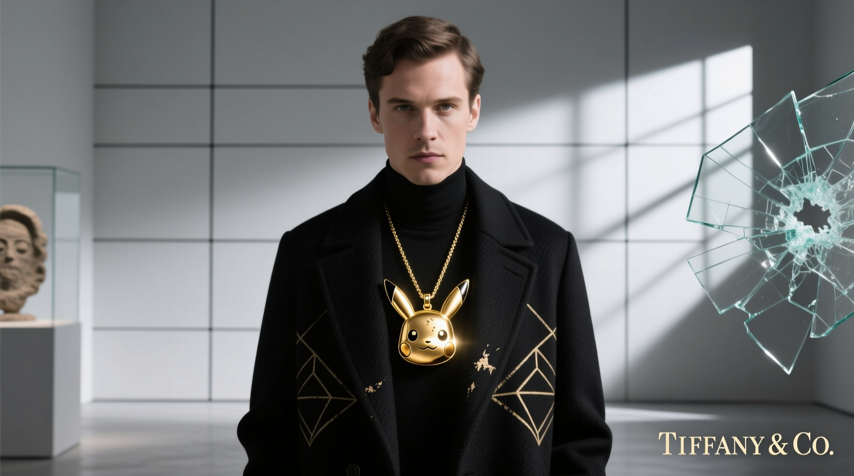 contemporary artist daniel arsham wearing the tiffany arsham studio pokemon large pikachu pendant in yellow gold with diamonds while holding its nabuka poke ball packaging