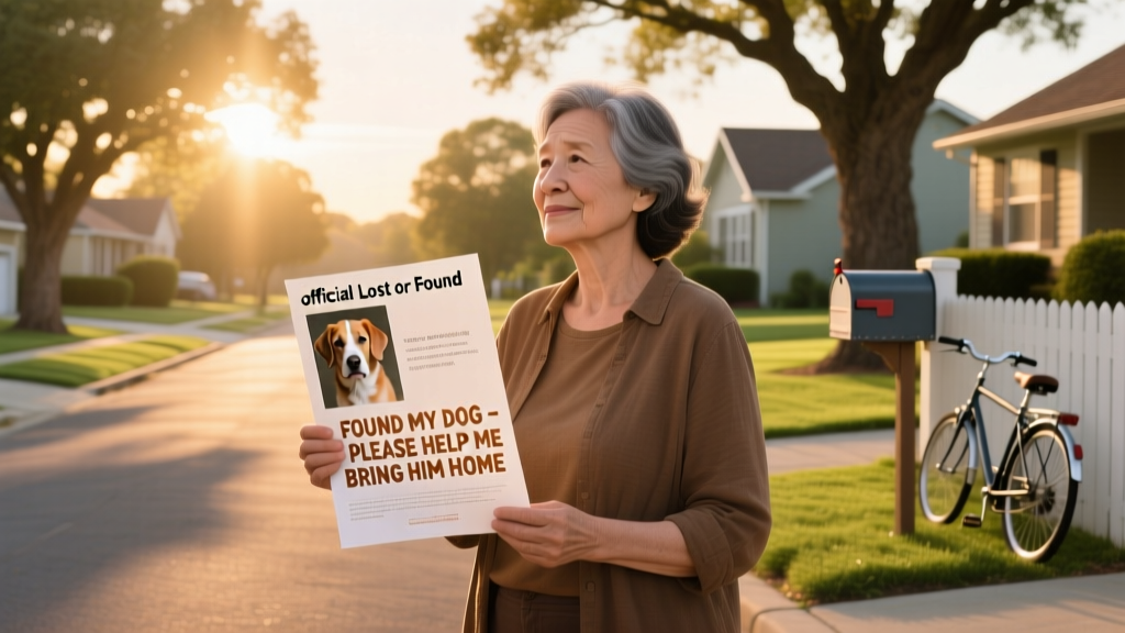A person holding a printed lost dog poster while standing on a quiet suburban street