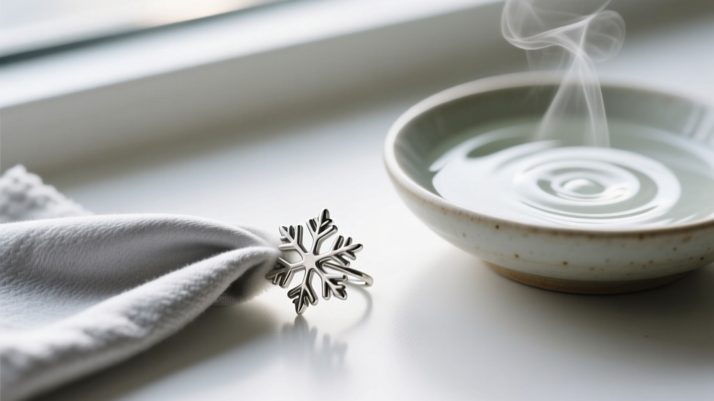 A small silver polishing cloth gently buffing a tarnished silver snowflake ear cuff, placed beside a bowl of mild soapy water