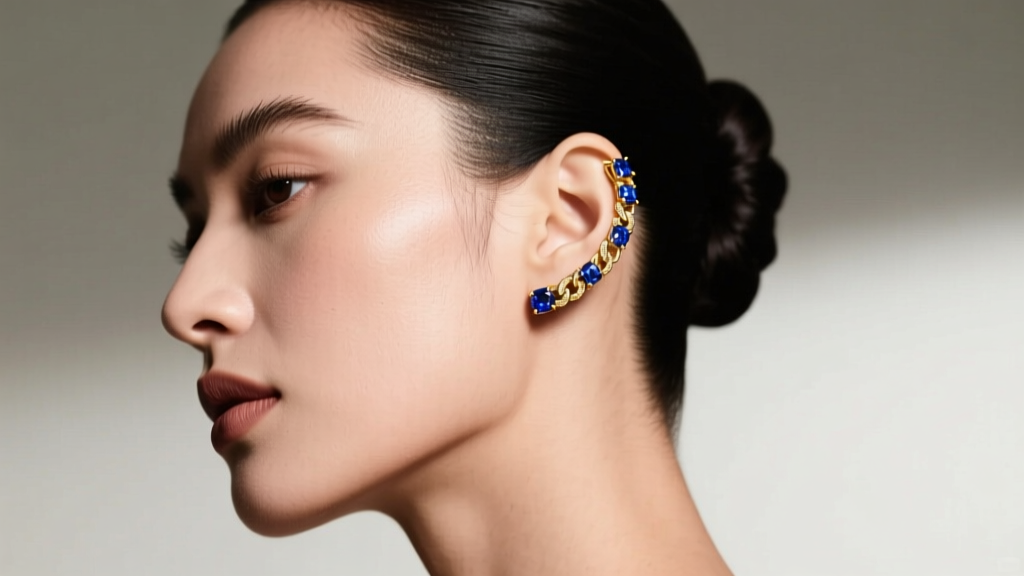 Model wearing a 14k gold channel set sapphire ear cuff wrapping around the upper cartilage helix in soft, diffused studio light.