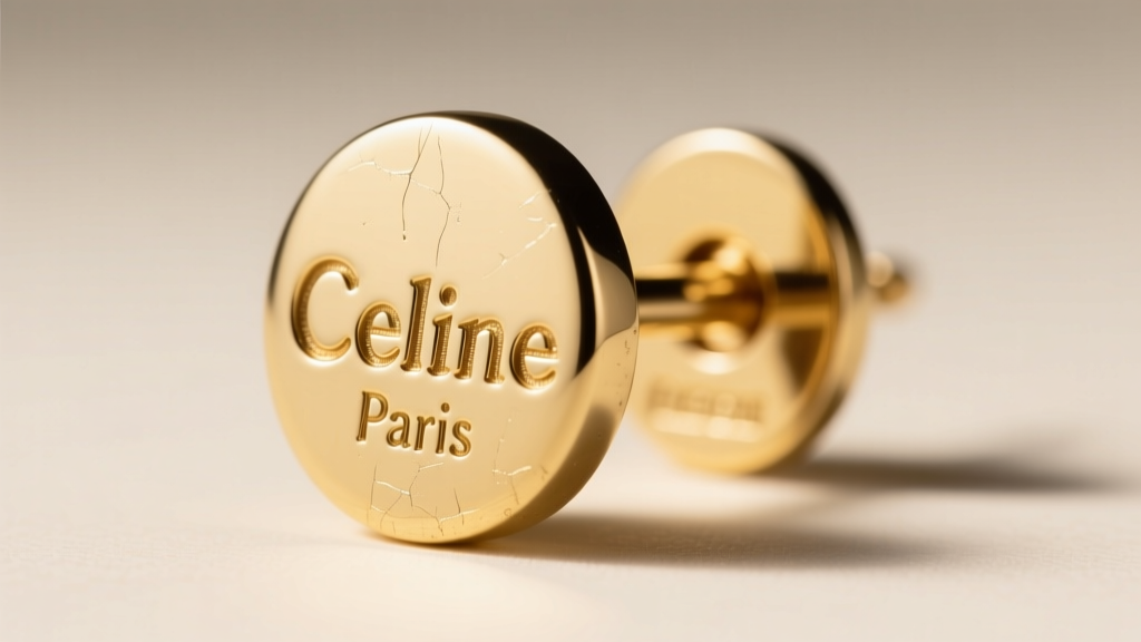 Macro of a Celine earring post and backing, showing the engraved Paris hallmark on polished brass under bright studio light.
