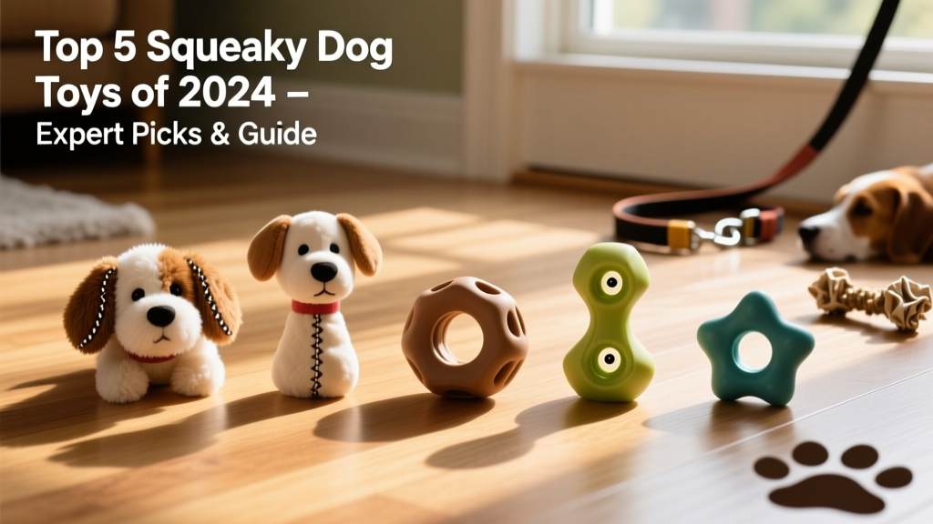 Side-by-side comparison of five FurPetVo squeaky toys on a hardwood floor, showing variety in shape, texture, and size