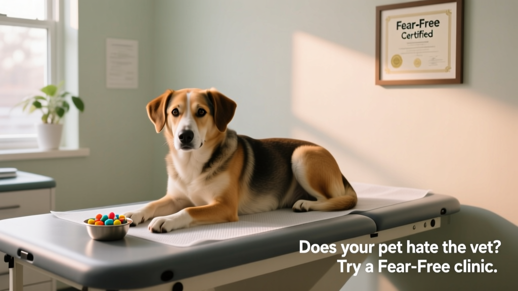 A calm dog resting on a non-slip exam table with treats nearby and soft lighting