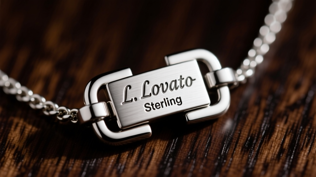 Macro shot of a silver hallmark stamped with L. Lovato and Sterling on a thick brushed metal necklace clasp against dark wood.