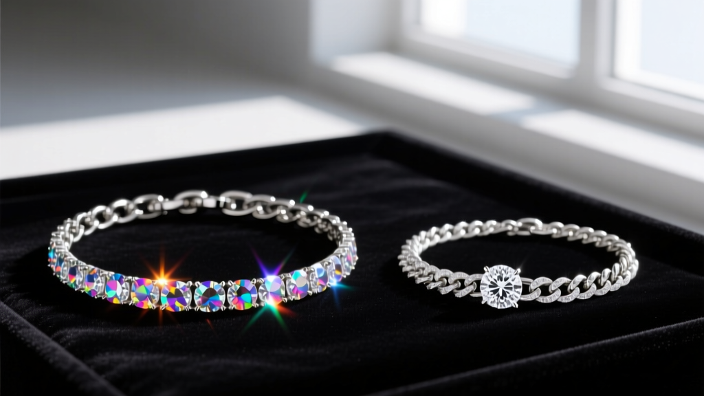 A moissanite tennis chain and a lab-grown diamond Cuban chain laid side-by-side on dark velvet to compare stone clarity and fire