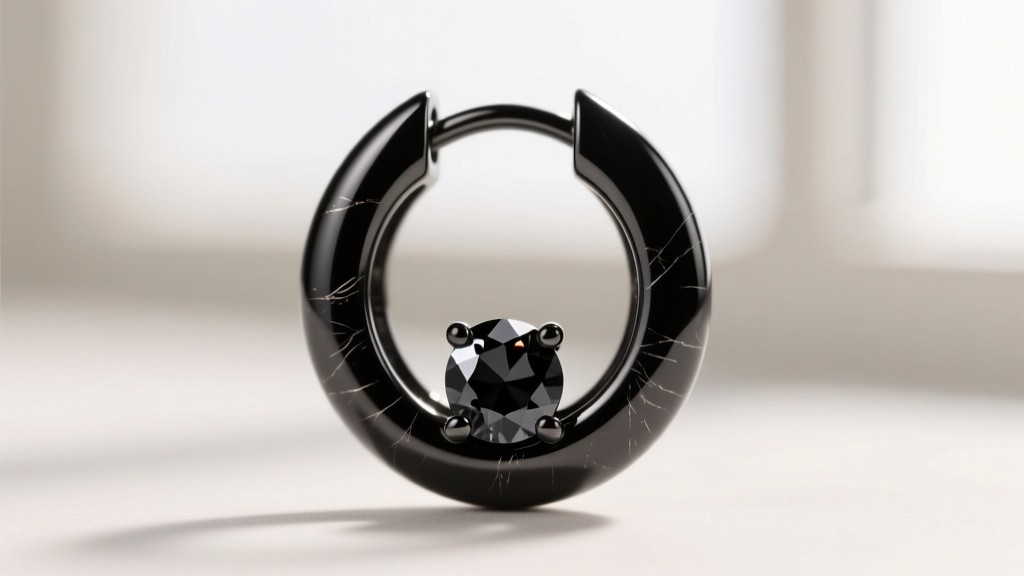 Macro shot of a 16-gauge black PVD titanium huggie earring with a bezel-set black diamond, highlighting the dark metallic finish.