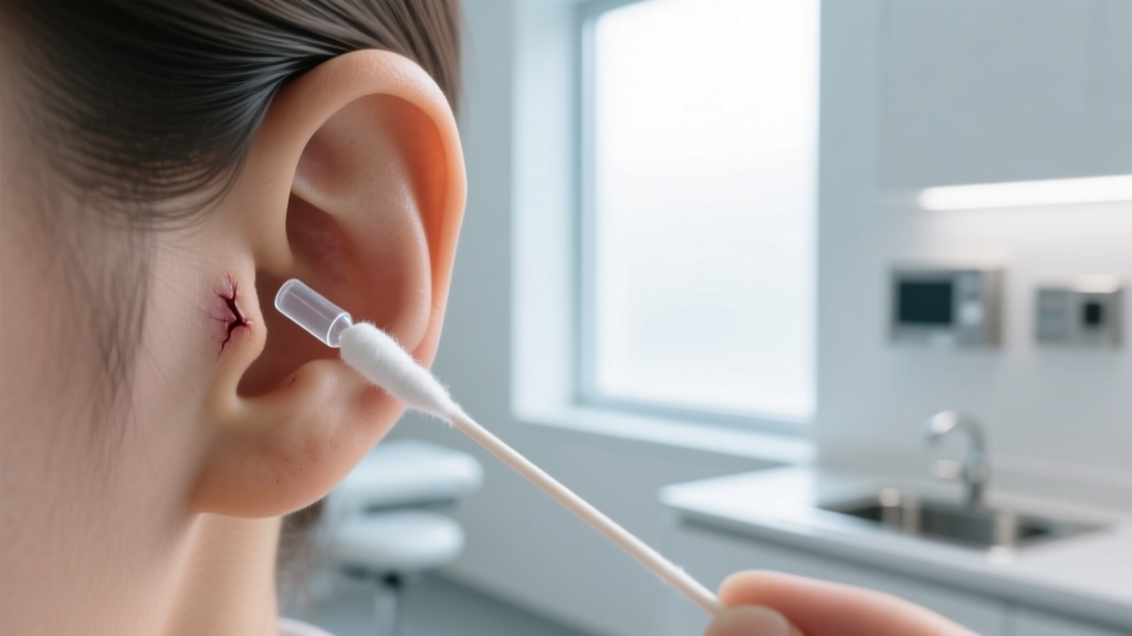 Cotton swab applying sterile saline to a healed earlobe, lit by soft natural window light in a clean, modern clinical setting