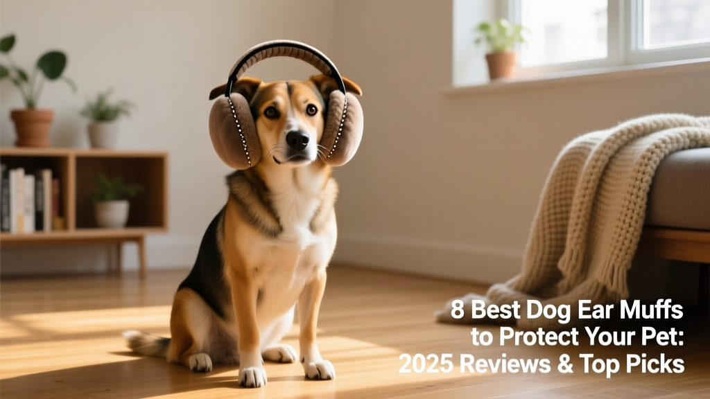 A calm, medium-sized dog wearing comfortable, padded ear muffs while sitting indoors