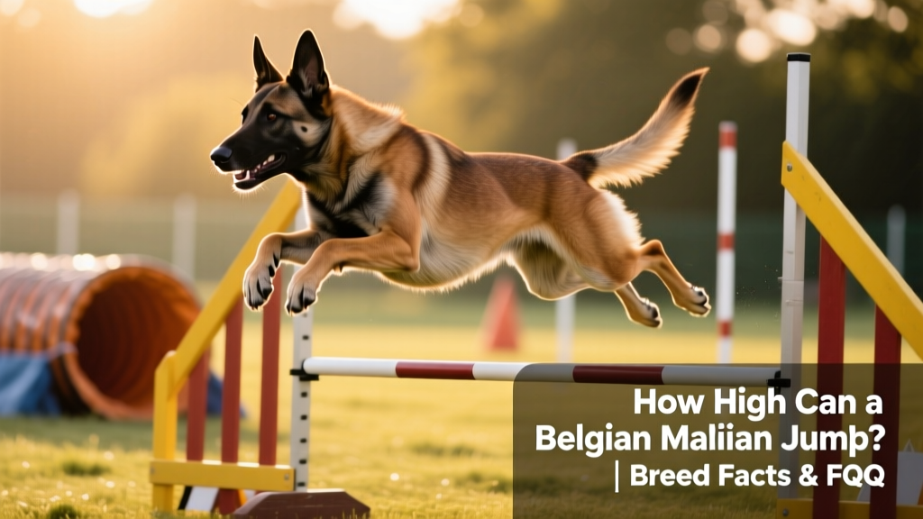 A Belgian Malinois mid-air during an agility jump, muscles taut and ears forward
