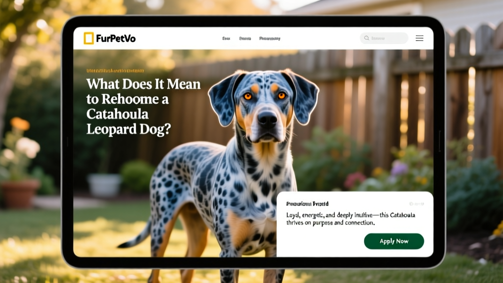 Screenshot of a FurPetVo adoption profile page showing a Catahoula Leopard Dog's photo, bio, and 'Apply Now' button