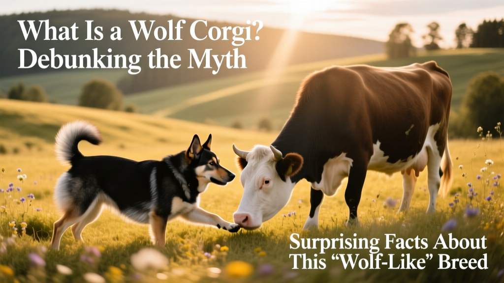 A Swedish Vallhund mid-herding action, nipping gently at the heel of a calm cow in a sunlit pasture
