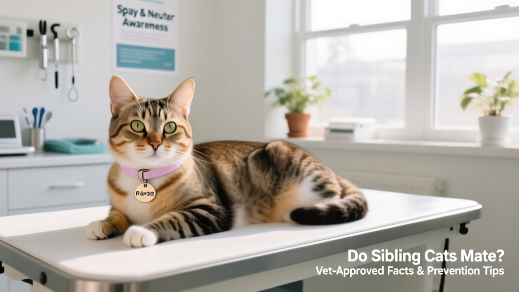 A happy, healthy mixed-breed cat wearing a soft collar, resting peacefully after a routine spay/neuter procedure at a veterinary clinic
