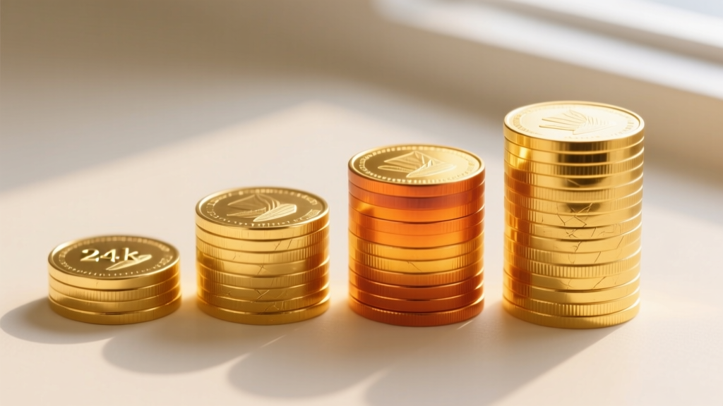 Macro photography of four stacked gold coins showing distinct color variations from pale 10k to deep rich orange 24k pure gold.