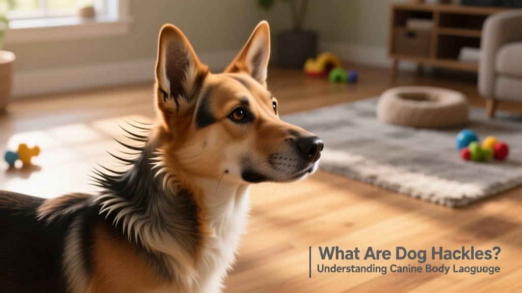 Side-view photo of a dog with clearly raised hackles along the neck and back, showing natural piloerection