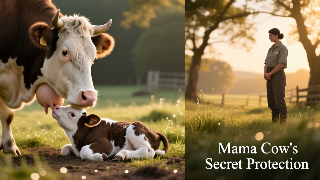 Side-by-side comparison: a serene cow nursing her calf in shade, and a human caregiver observing quietly from a respectful distance