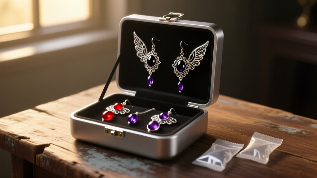 Open anti-tarnish travel jewelry box with gothic anime cosplay earrings, stored alongside silica gel packets in a dimly lit room.