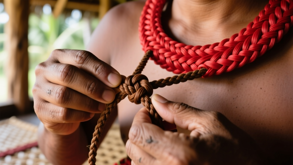 Macro shot of hands tying a traditional brown sennit cord adjustable sliding square knot on a red Polynesian fiber necklace