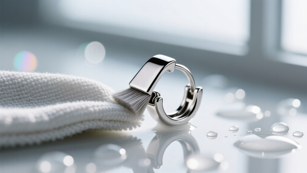 Microfiber cloth polishing the rhodium-plated hinge of a silver-tone clip-on earring, with soapy water in the blurred background.