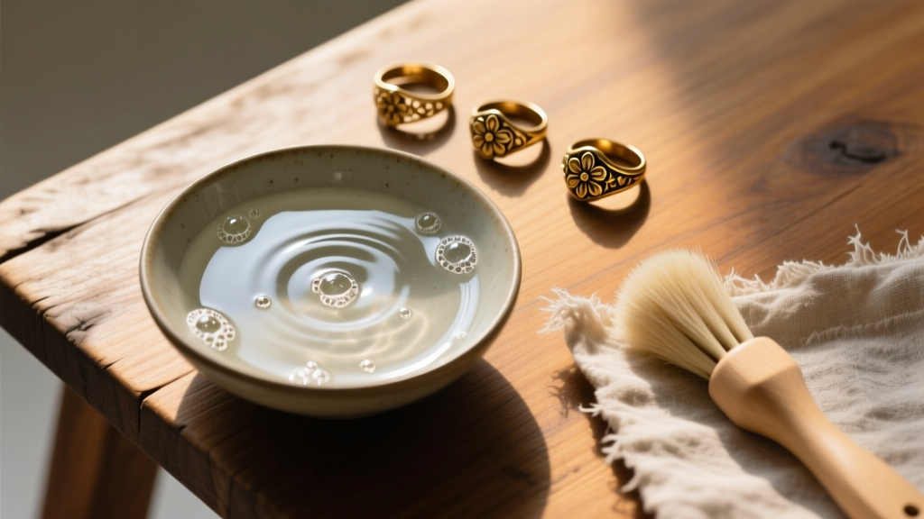 Overhead view of a wooden table holding a bowl of soapy water, a soft brush, and gold rings awaiting cleaning in soft light.