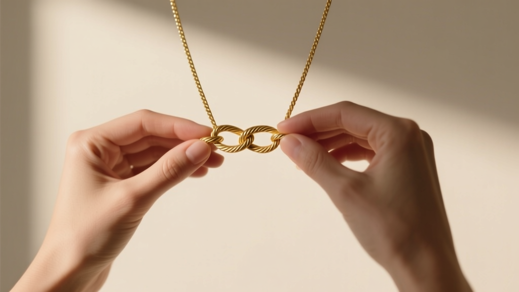 Macro shot of hands tying a slip knot in a delicate 2mm gold-plated brass cable chain to shorten a long necklace, bright lighting