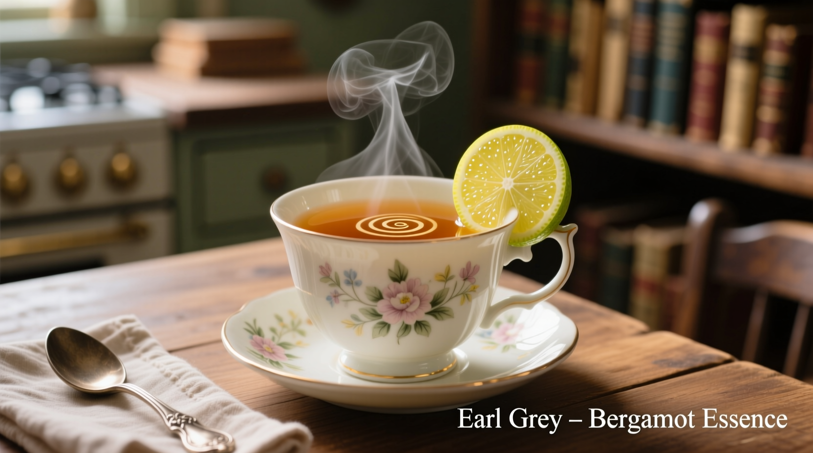 Earl Grey tea in porcelain teacup with bergamot citrus
