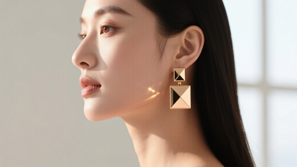 Side profile of a woman with a sharp jawline wearing chamfered 18k rose gold dangle square earrings that catch warm ambient light