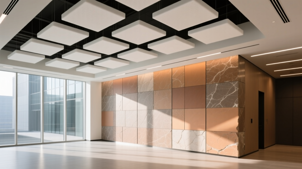 Modern commercial building interior featuring sintered stone wall panels and suspended PET acoustic ceiling baffles supplied by specialized distributors