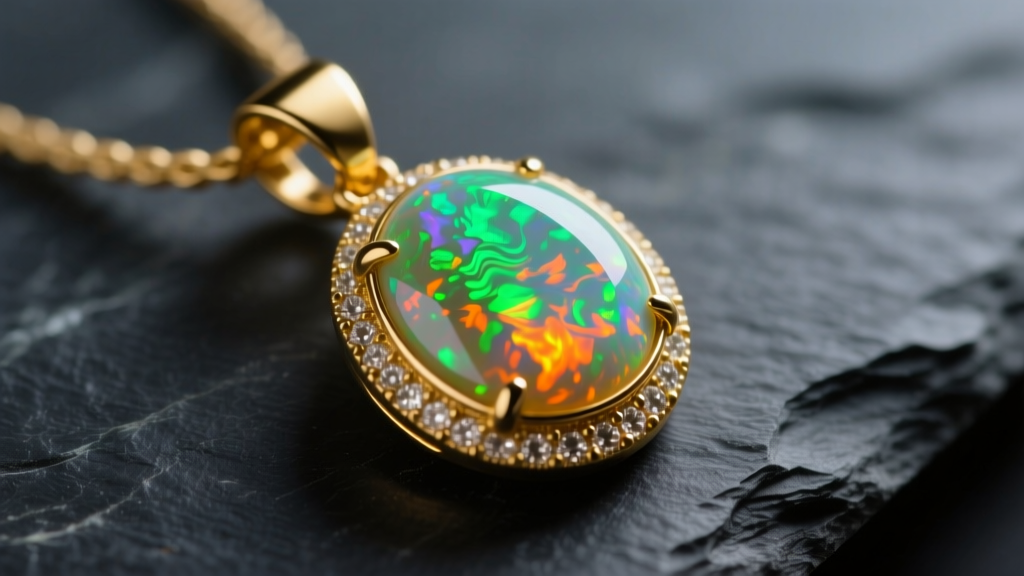 Close-up of a 14k yellow gold bezel-set Ethiopian opal pendant on dark slate, showing vibrant green and orange play-of-color.