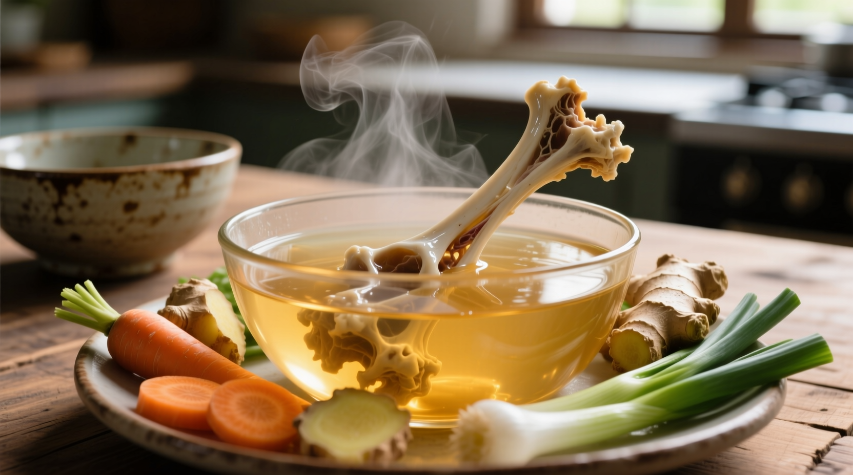 Neck bones simmering in clear broth with vegetables
