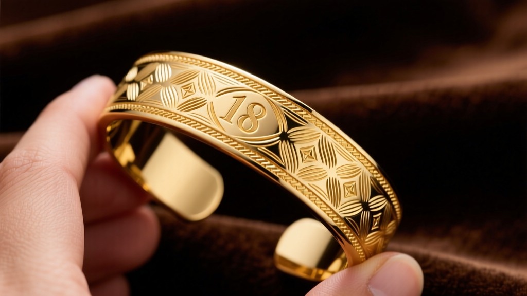 Close-up of a hand-engraved 18k yellow gold Italian luxury cuff bracelet featuring intricate florentine bulino texture on velvet.