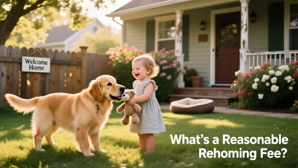 A happy dog playing gently with a child in a fenced backyard, symbolizing a safe, joyful new home