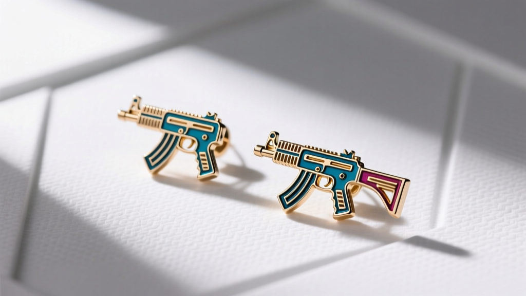 Flat lay of Murder Drones earrings featuring Uzi\