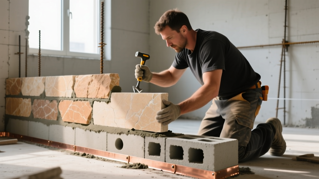 Mason installing full bed natural limestone veneer on a concrete block foundation with visible weep holes and copper flashing