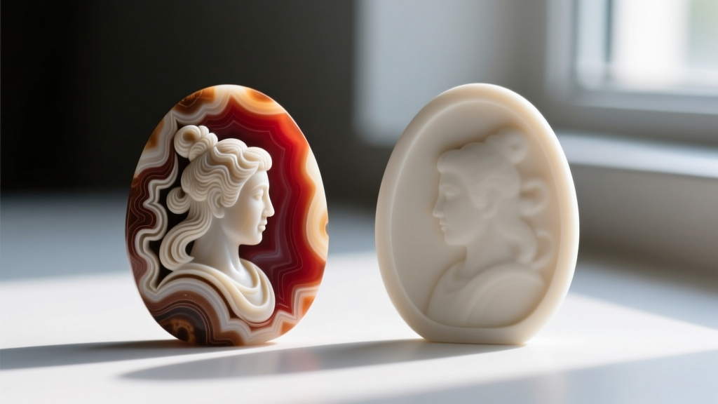 Macro view showing deep undercutting of a hand-carved sardonyx cameo next to the flat, shallow profile of a molded resin replica