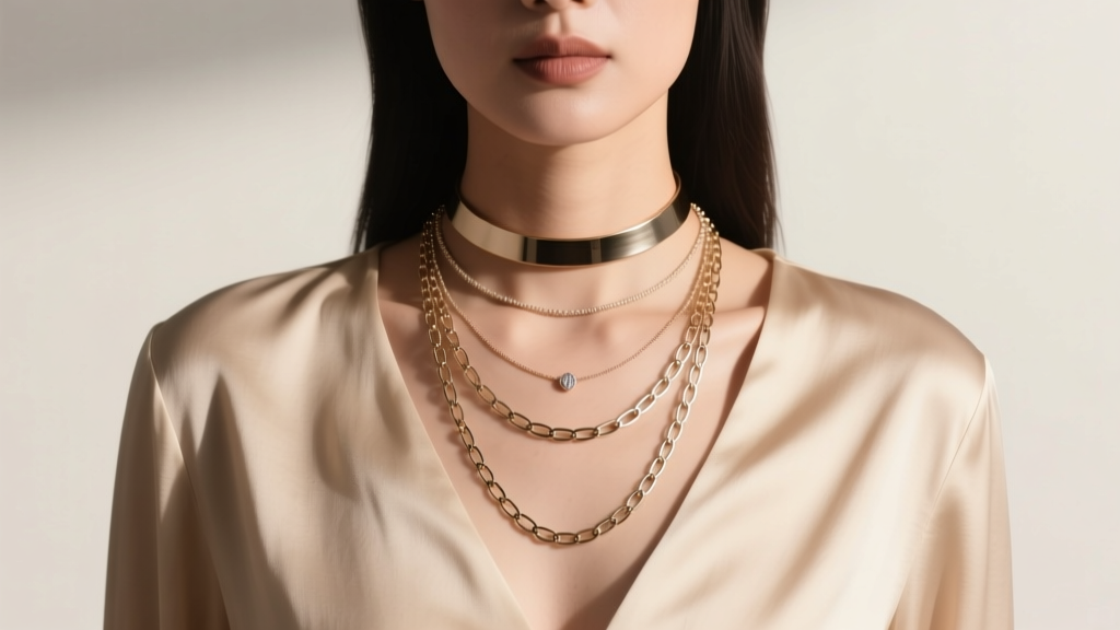 Woman wearing a 14-inch choker, 16-inch momma necklace, and 18-inch paperclip chain layered elegantly over a beige silk blouse