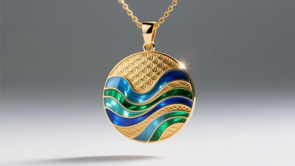 Macro shot of a guilloché enamel multi colored necklace pendant showing translucent blue and green waves over textured gold metal