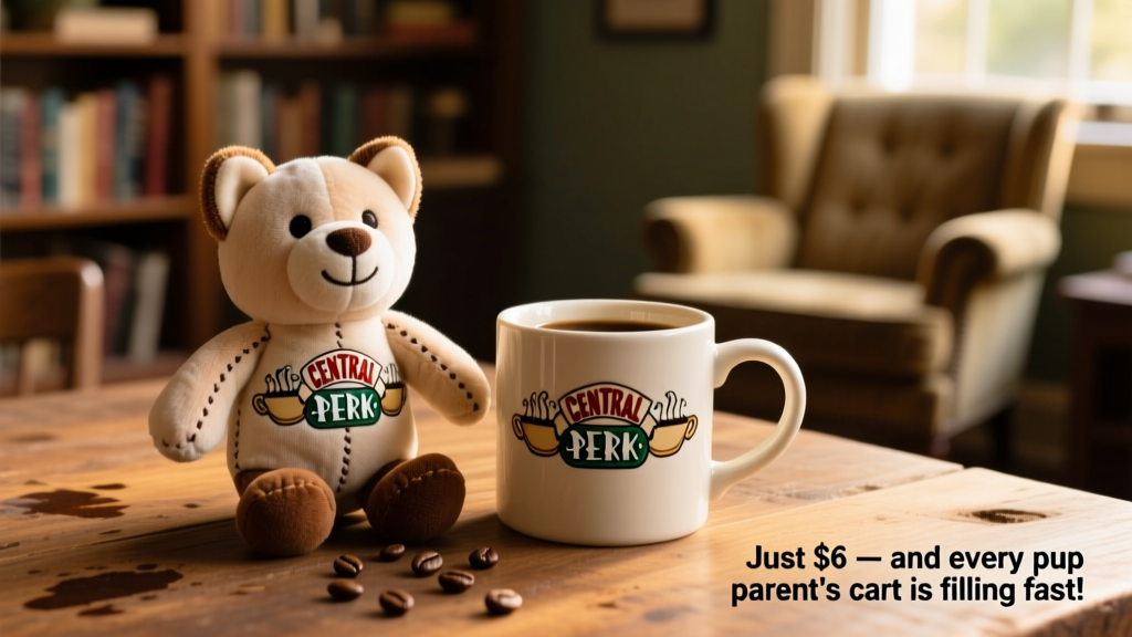 Side-by-side comparison showing the Central Perk plush toy next to a real ceramic coffee mug, highlighting size and design accuracy