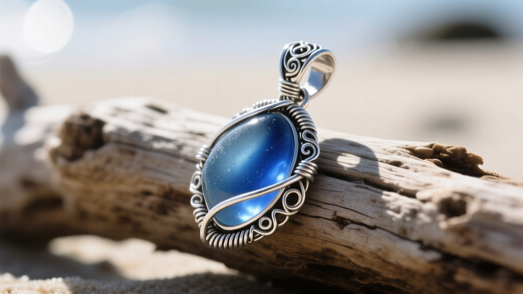 Close-up of a 925 sterling silver wire-wrapped pendant holding a frosted cobalt blue sea glass shard on weathered driftwood.