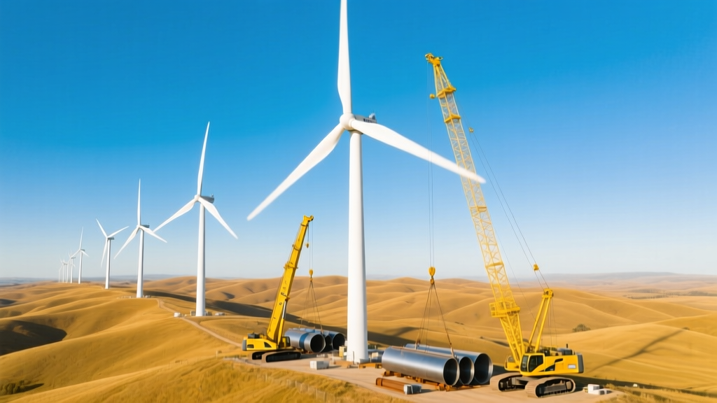 Massive white utility-scale wind turbines assembled on rolling hills under a clear sky alongside heavy yellow crawler cranes