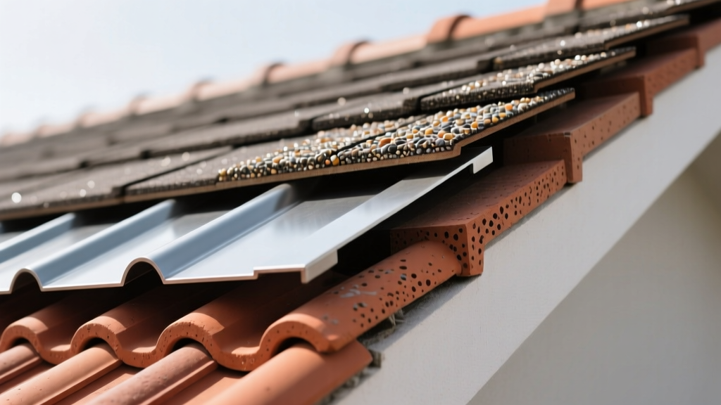 Close-up cross-section of diverse residential roofing materials including asphalt shingles, standing seam metal, and terracotta clay tiles