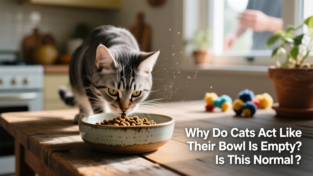 Close-up of a cat cautiously sniffing kibble in a shallow, wide ceramic bowl