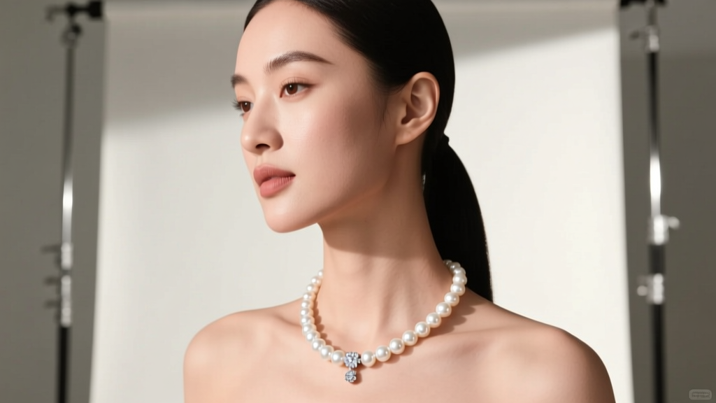 Woman wearing a balanced 18-inch single-strand white Akoya pearl necklace featuring a small, lightweight diamond barrel clasp.